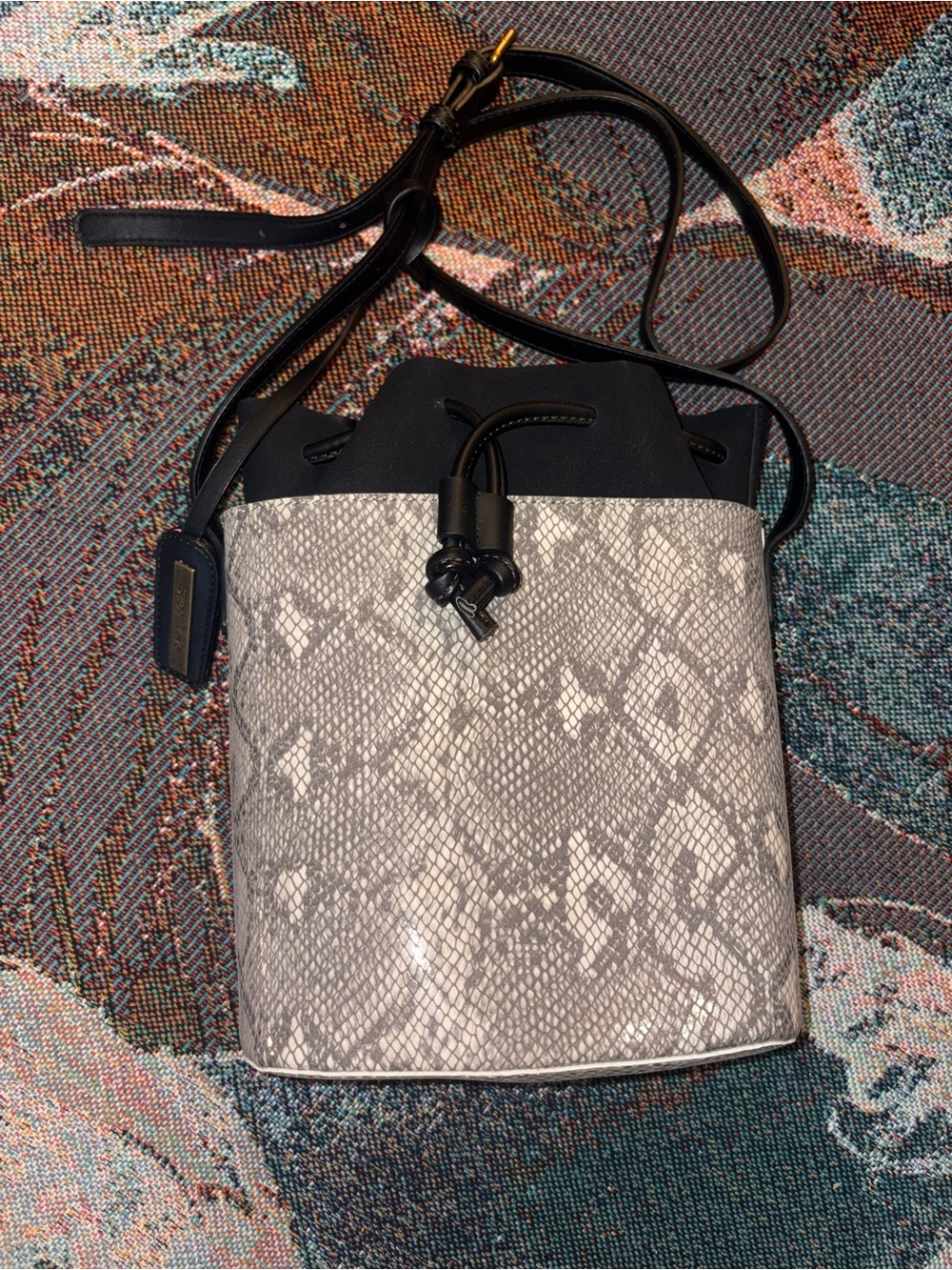 Street Level Snake-Print Bucket Crossbody in Gray and Black